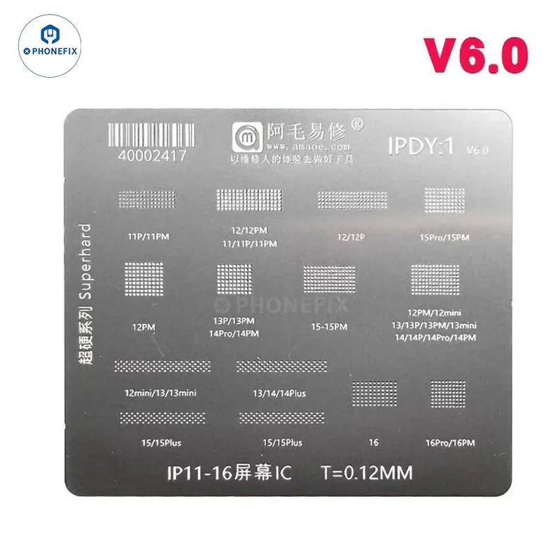PHONEFIX LCD IC BGA reballing stencil for iPhone 11-16PM screen chip repair, showing precision cut openings for BGA reballing process.