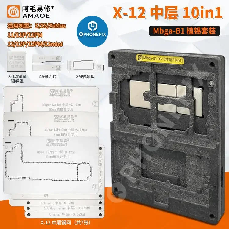 PHONEFIX Mbga-B1 middle frame BGA reballing stencil for iPhone X to 12 Pro Max repair, designed for precise reballing tasks.