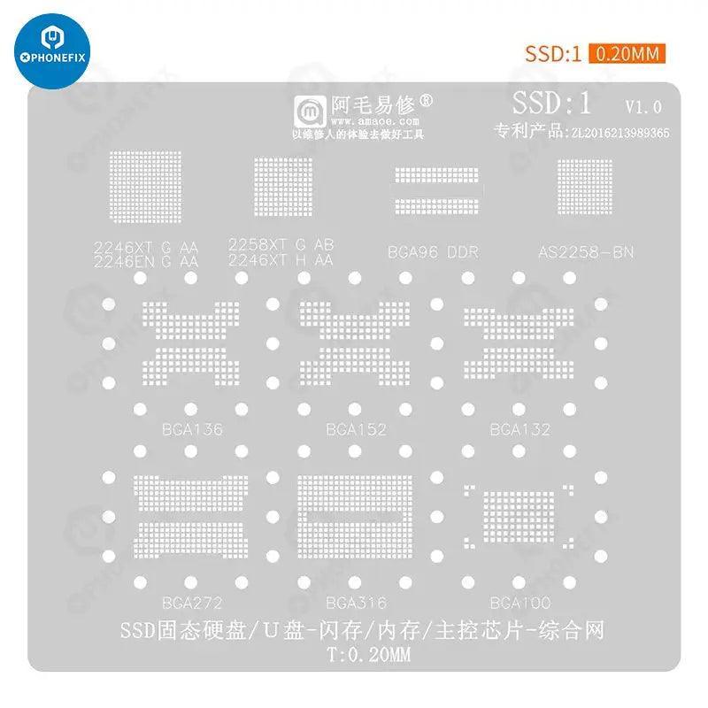 AMAOE SSD DDR memory BGA reballing stencil template from PHONEFIX, showing detailed mesh design for precise reballing work.