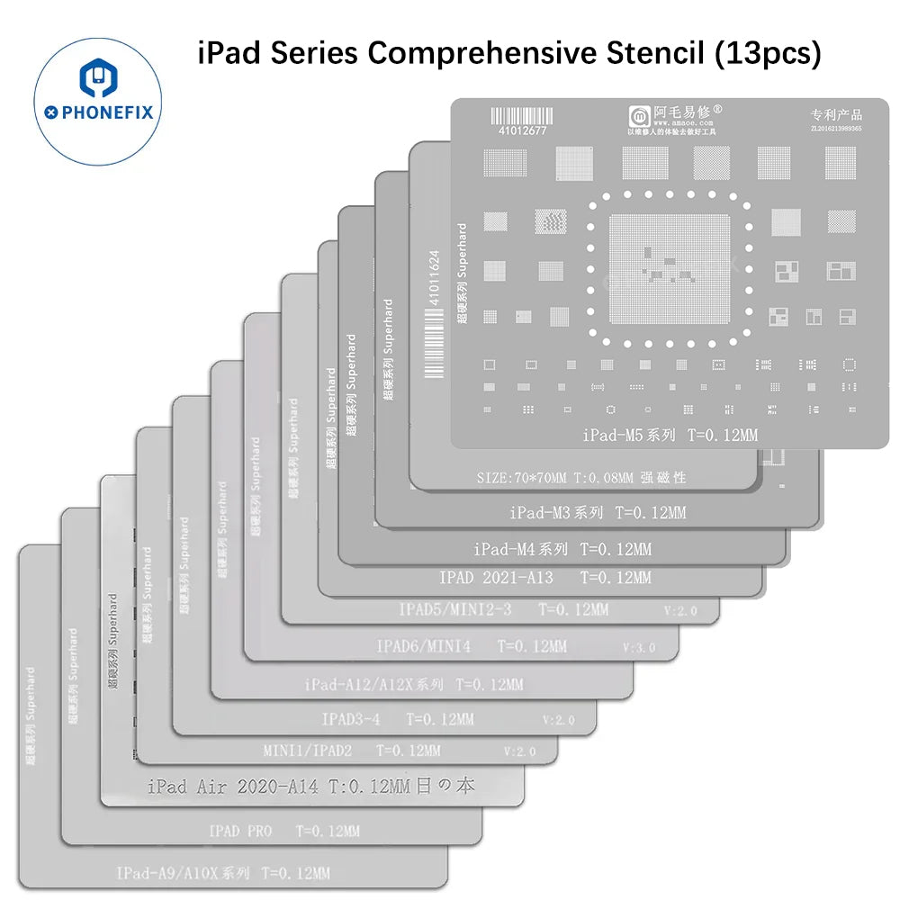 PhoneFix Amaoe BGA Reballing Stencil for iPad CPU and NAND chips, used for precise soldering and reballing repairs.