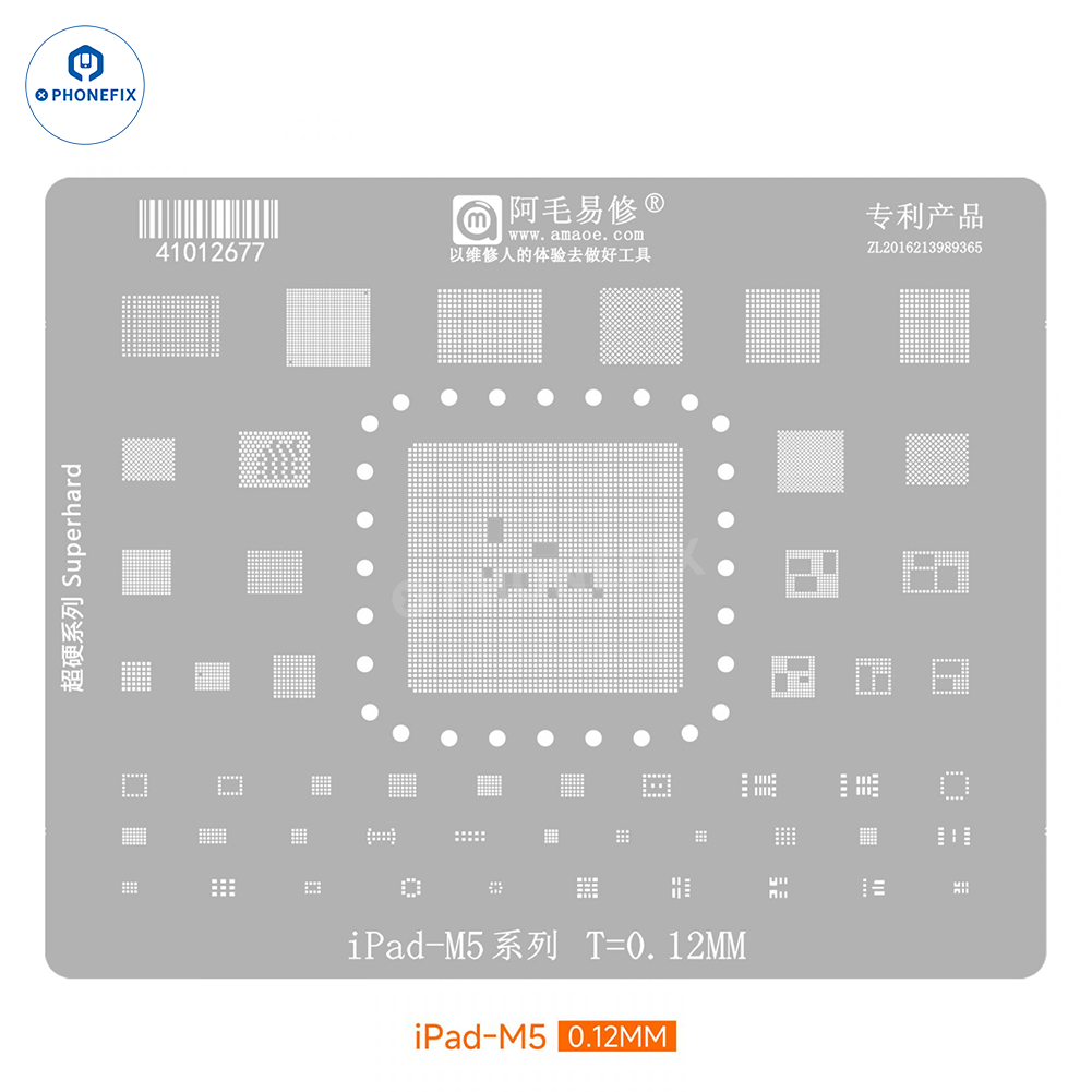 PhoneFix Amaoe BGA Reballing Stencil for iPad CPU and NAND chips, used for precise soldering and reballing repair.