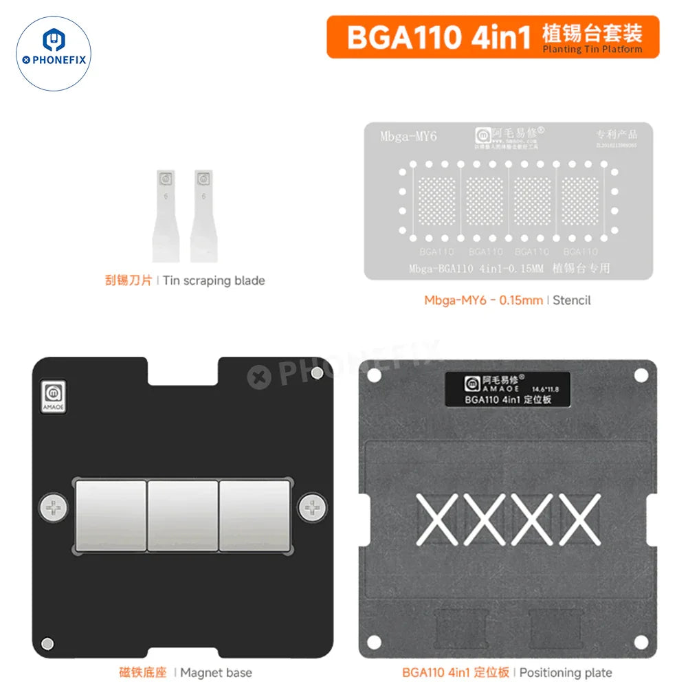 PhoneFix AMAOE BGA110 BGA315 NAND Chip BGA Reballing Platform with 4-in-1 BGA Reballing Stencil set for electronics repair