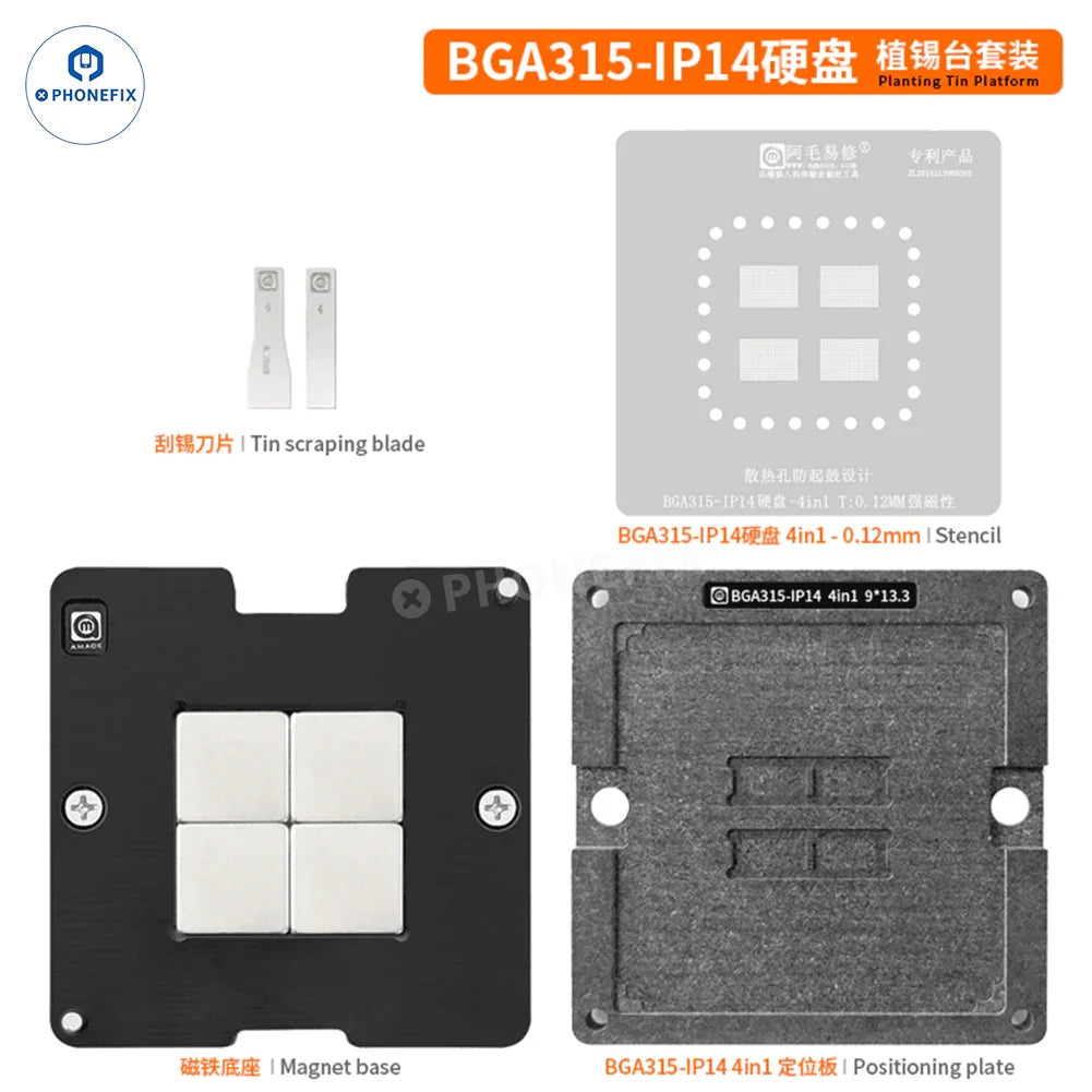 BGA315 BGA Reballing Stencil for iPhone 14 NAND chips from PHONEFIX, used for precise BGA chip reballing processes.
