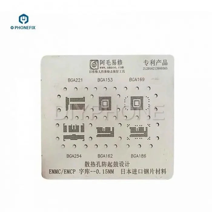 PHONEFIX 6-in-1 BGA Reballing Stencil Template with BGA153, 162, 221, 254, EMCP, and eMMC chips for electronics repair.