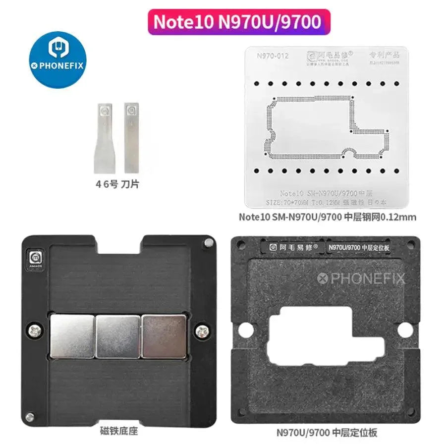 AMEAOE BGA Reballing Stencil Plant Tin Platform for Samsung Note10 N970U, used for precise BGA reballing repairs.