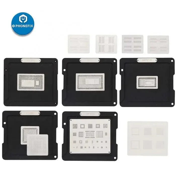 PhoneFix DS-908 BGA Reballing Platform Set for MacBook soldering, BGA reballing stencil and tool kit for precise repair work.