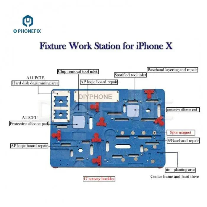 High-temperature iPhone X motherboard cooling and soldering platform with BGA reballing stencil by PHONEFIX.