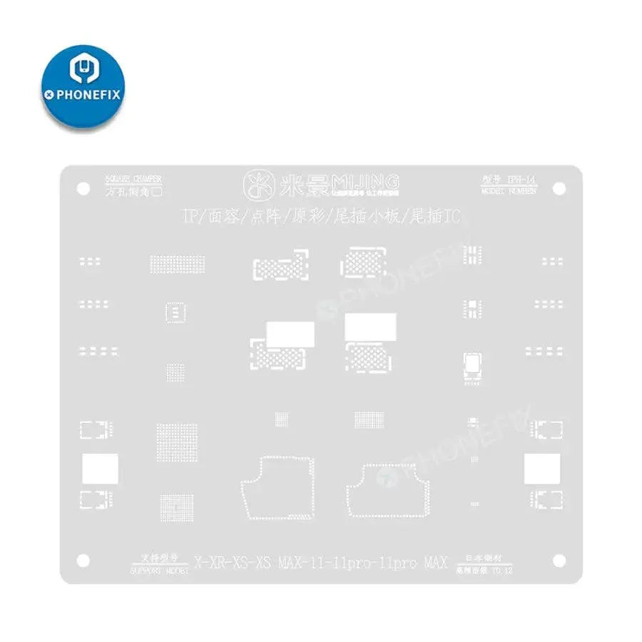 Steel mesh BGA reballing stencil for iPhone X-11 Face ID, MJ Dot Matrix Tin Planting Stencil by PHONEFIX for precise repair.