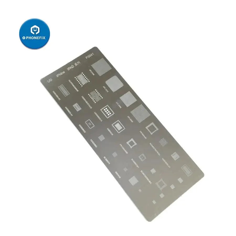 PhoneFix BGA reballing stencil template for iPad CPU, power, touch, and WiFi IC, used for precise reballing and repair.