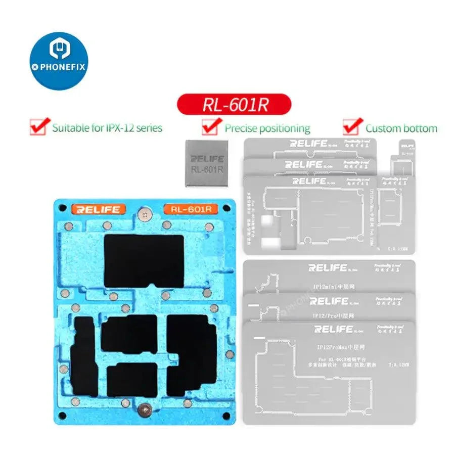 RELIFE RL-601R 10-in-1 BGA reballing stencil kit for iPhone X to 12 Pro Max, used for reballing and repair.