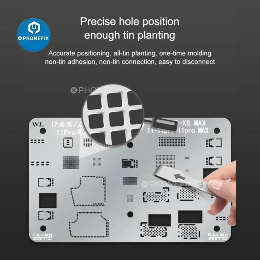 PhoneFix BGA reballing steel mesh stencil for iPhone Face ID repair, designed for precise dot matrix BGA reballing.
