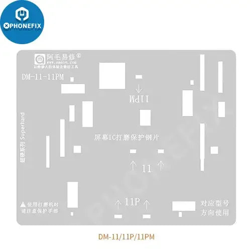 Amaoe BGA reballing stencil for iPhone 11-13 Pro Max screen cable IC protection, used for phone repair and reballing.