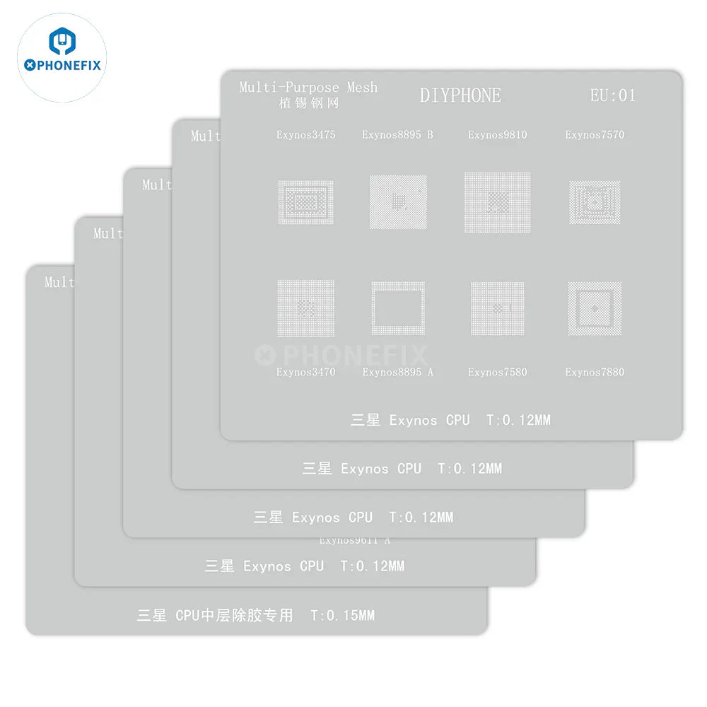 PHONEFIX BGA reballing stencil for Samsung Exynos chips, 0.12mm CPU BGA reballing stencil with precision openings for rework.