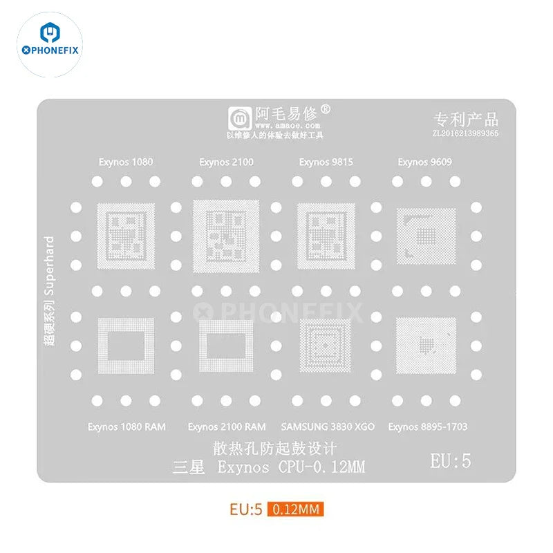 Phonefix Amaoe BGA Reballing Stencil for Samsung Exynos EU1 EU2 EU3, used for precise reballing of BGA chips.