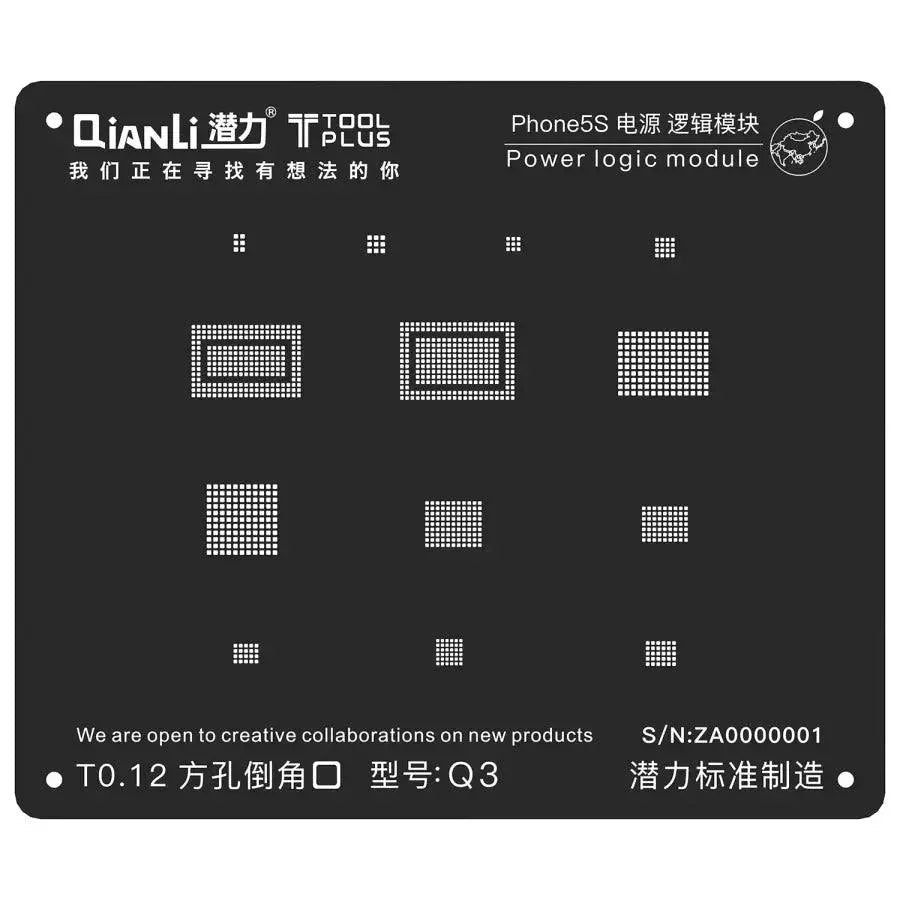 QianLi iBlack BGA reballing stencil for iPhone power logic module repair, used for precise reballing of BGA chips.