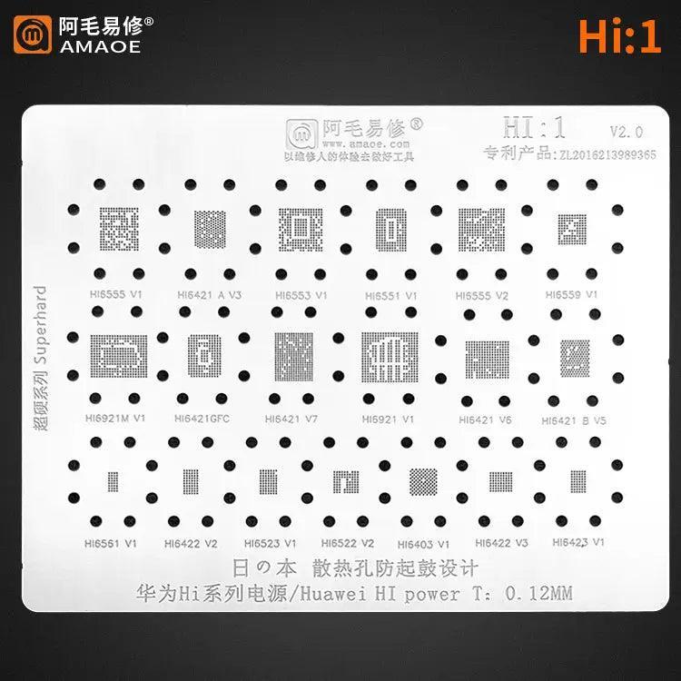 Amaoe BGA reballing stencil for Huawei Hi Power, 0.12mm, compatible with Hi1 and Hi2 models, used for phone repair.