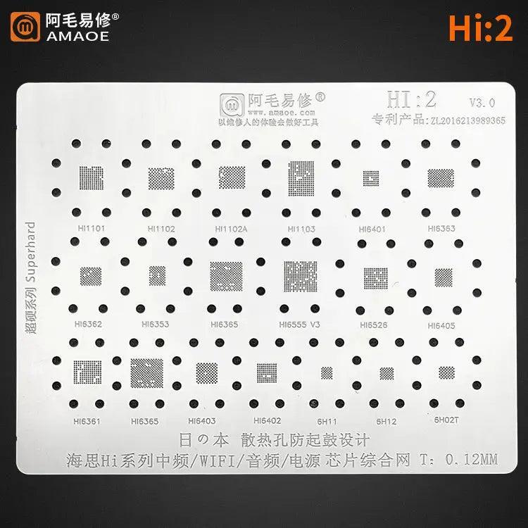 Amaoe BGA Reballing Stencil for Huawei Hi Power, 0.12mm, Hi1 and Hi2 models, designed for precise reballing repair.