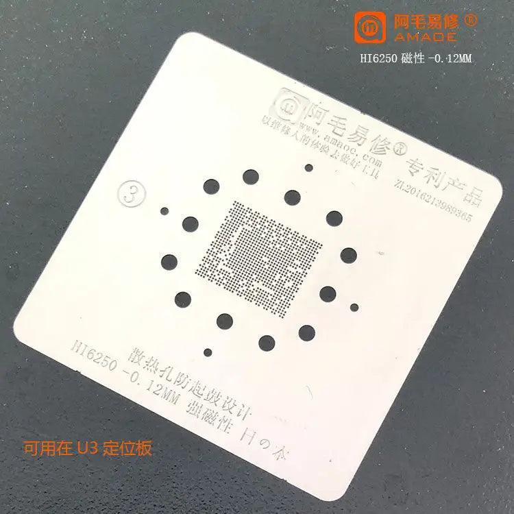 Amaoe BGA Reballing Stencil for HI6250 and HI3690 CPU 5G, used for reballing high-density BGA chips on mobile devices.