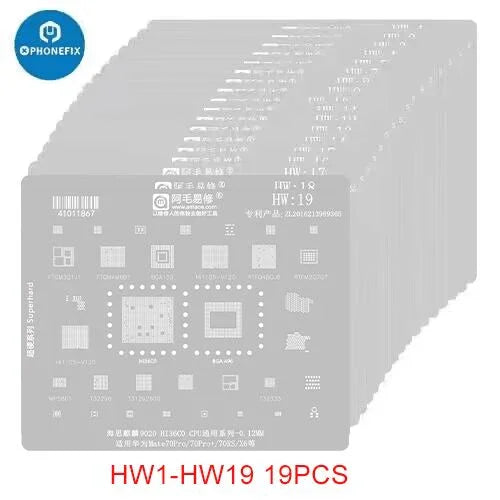 Amaoe BGA Reballing Stencil for Huawei CPU, RAM, WiFi IC HW1-HW19, compatible with PHONEFIX BGA reballing tools.