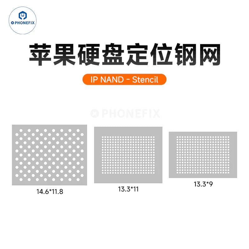 PHONEFIX IP NAND Flash BGA Reballing Stencil with steel mesh for HDD positioning, used for precise reballing and repair.