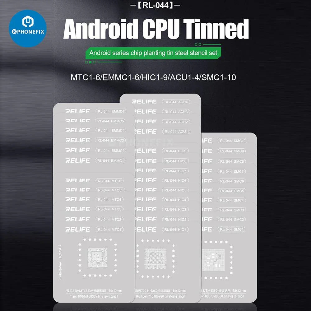 BGA reballing stencil for iPhone, Huawei, Samsung, Xiaomi Android CPUs by PHONEFIX, used for precise rework and repair.