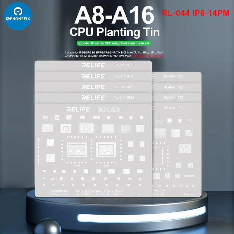 PHONEFIX RL-044 BGA Stencil for iPhone, Huawei, Samsung, Xiaomi Android CPUs, used for reballing and repair.