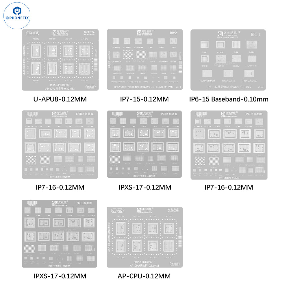 AMAOE BGA stencil for iPhone 7 to 17 Pro Max motherboard reballing, used for precise BGA chip removal and replacement.