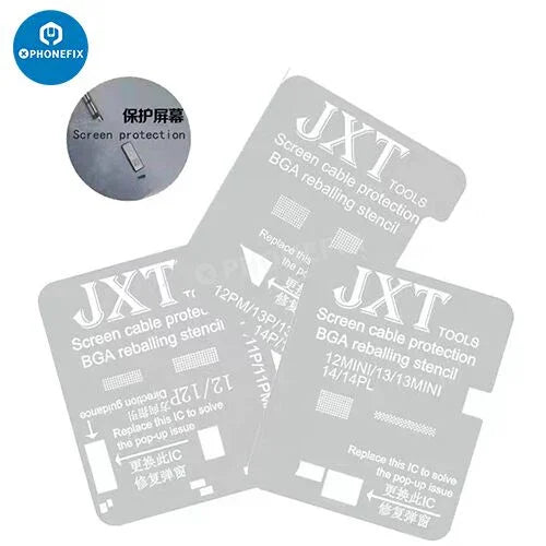 JXT Screen Cable Protection Template for iPhone 11-15 Pro Max, BGA reballing stencil by PHONEFIX, showing the detailed stencil design.