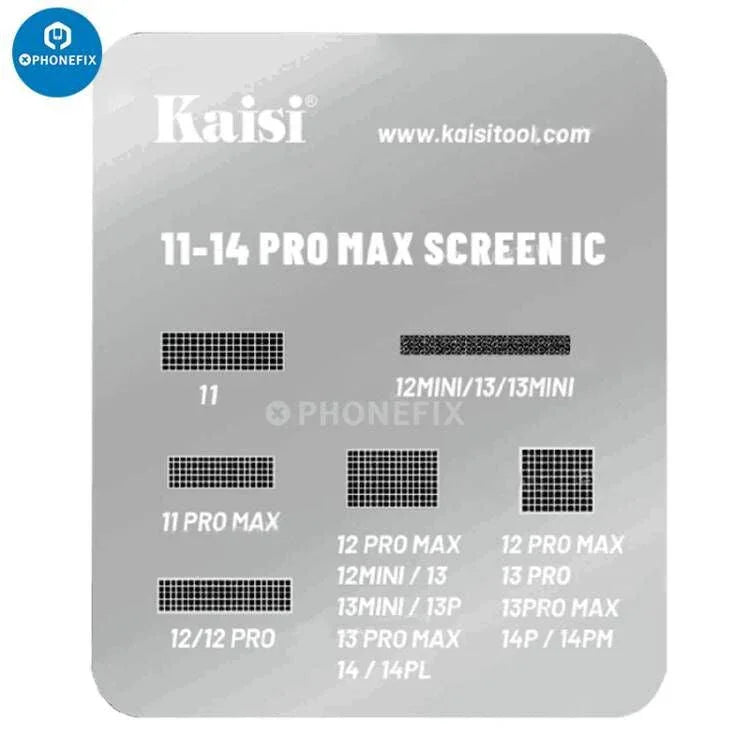 Kaisi LCD Screen IC BGA Reballing Stencil for iPhone 11 to 15 Pro Max, PHONEFIX brand, showing detailed metal stencil with cutouts