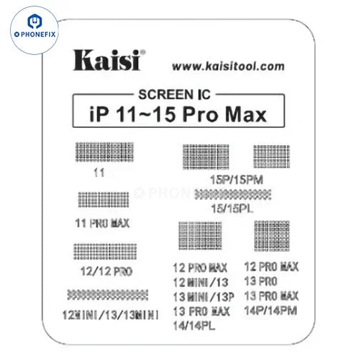 Kaisi BGA reballing stencil for iPhone 11-15 Pro Max LCD screen IC repair, used for reballing and soldering processes.