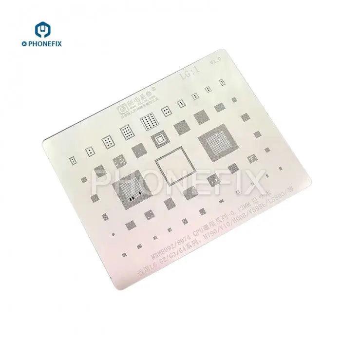 Amaoe LG G2 G3 BGA reballing stencil template for CPU soldering, by PHONEFIX, shown on a black background with precise cutouts.