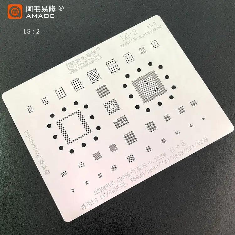 AMAOE BGA Reballing Stencil Template Plant Tin Net for LG devices, compatible with PHONEFIX reballing kits, showing detailed stencil pattern.