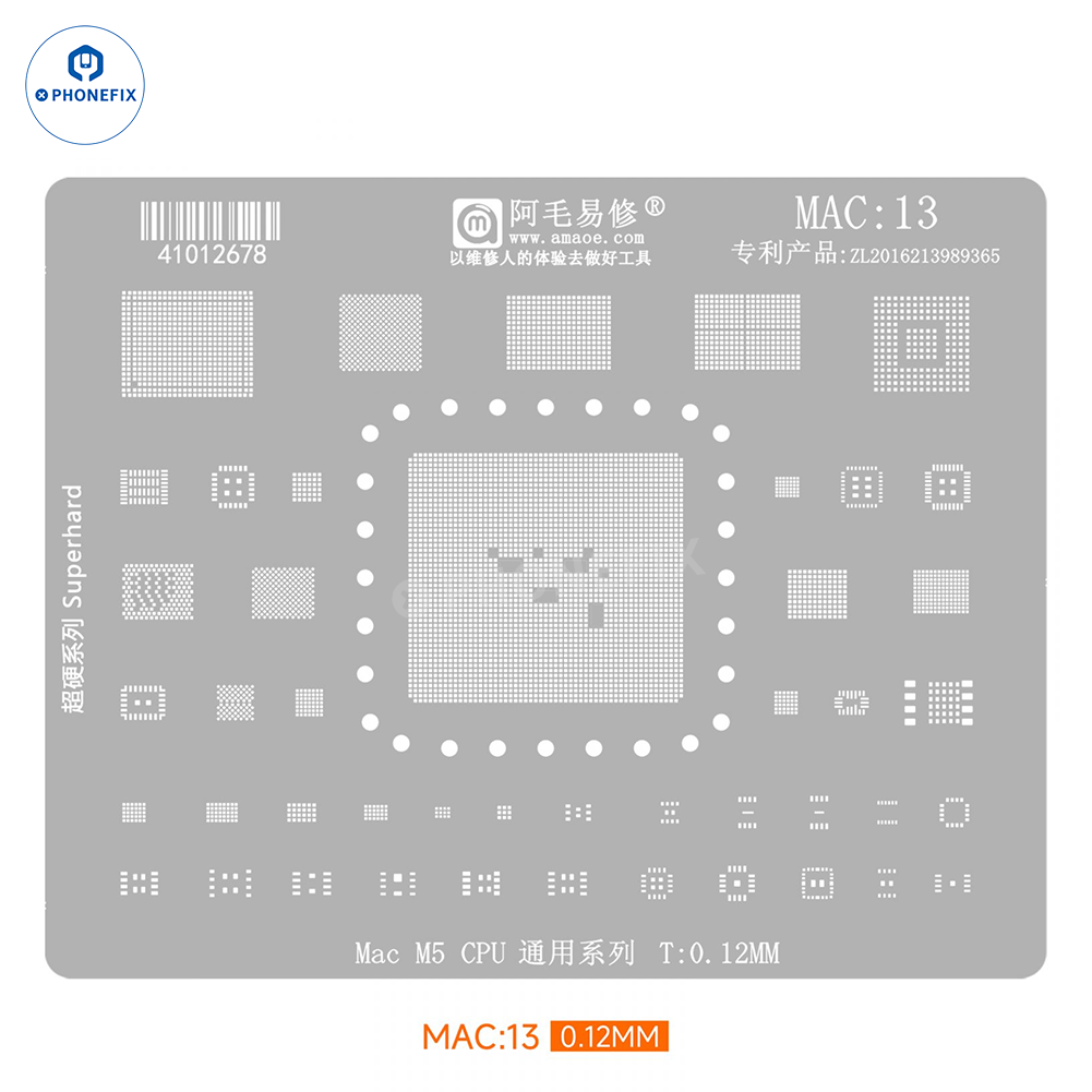 Amaoe BGA Reballing Stencil for Apple MacBook CPU IC repair, PHONEFIX brand, with precise metal mesh design for reballing.