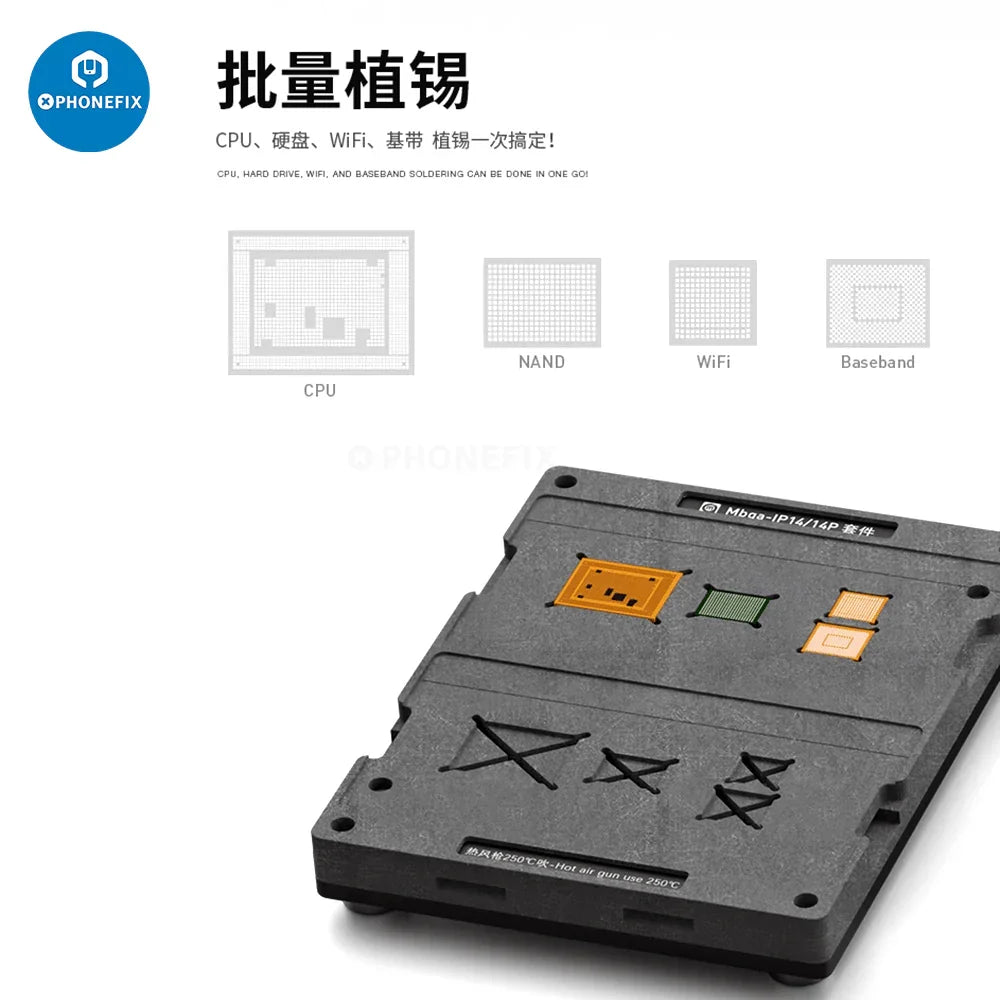 PhoneFix MBGA-IP 26-in-1 BGA Reballing Platform with stencil for iPhone 7 to 15 Pro Max repair and reballing processes.