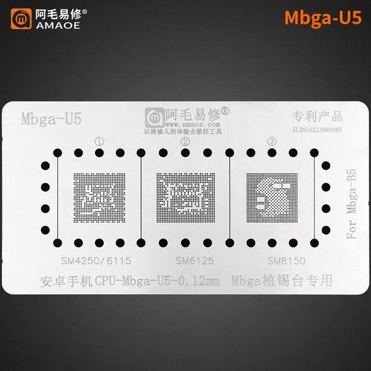 Amaoe BGA reballing stencil template for CPU and M BGA chips, used for reworking mobile device circuit boards.