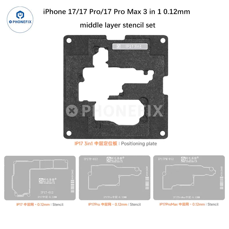 Steel mesh positioning mold for iPhone 12-17 Pro Max BGA reballing stencil by PHONEFIX, used for precise chip placement.