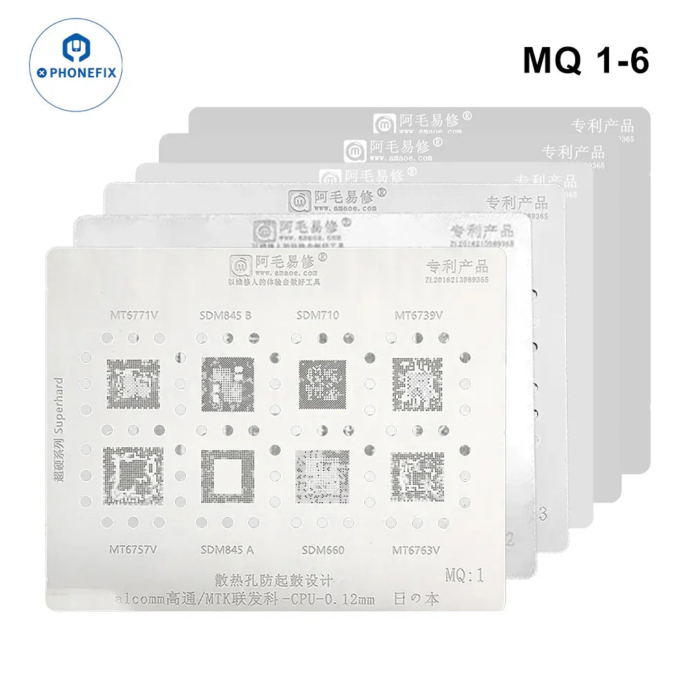 PHONEFIX Amaoe BGA reballing stencil for Qualcomm MTK CPUs, MQ:1 to MQ:6, used for precise reballing and repair.