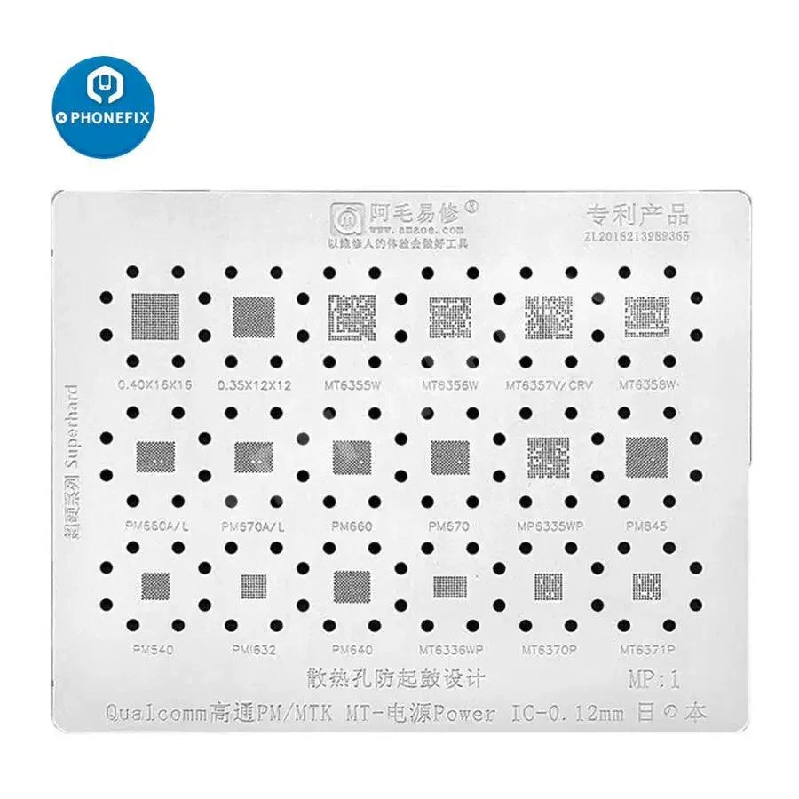Amaoe BGA Reballing Stencil for MP1, MAX1, MT1, PM1, PM2, PM3 models by PHONEFIX, shown on a white background.