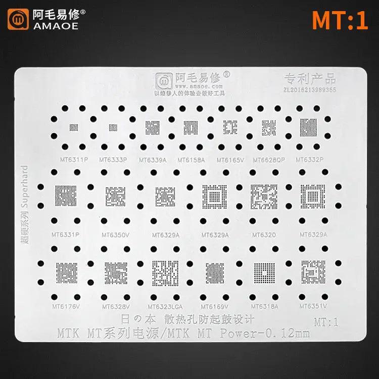 Amaoe BGA Reballing Stencil for MP1, MAX1, MT1, PM1, PM2, PM3 models by PHONEFIX, showing a precision metal stencil for reballing.