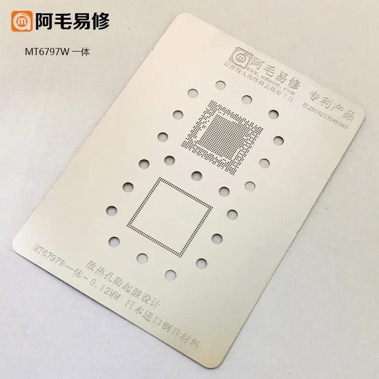 Amaoe BGA reballing stencil template for MTK CPU and RAM, used for phone repair and reballing processes.