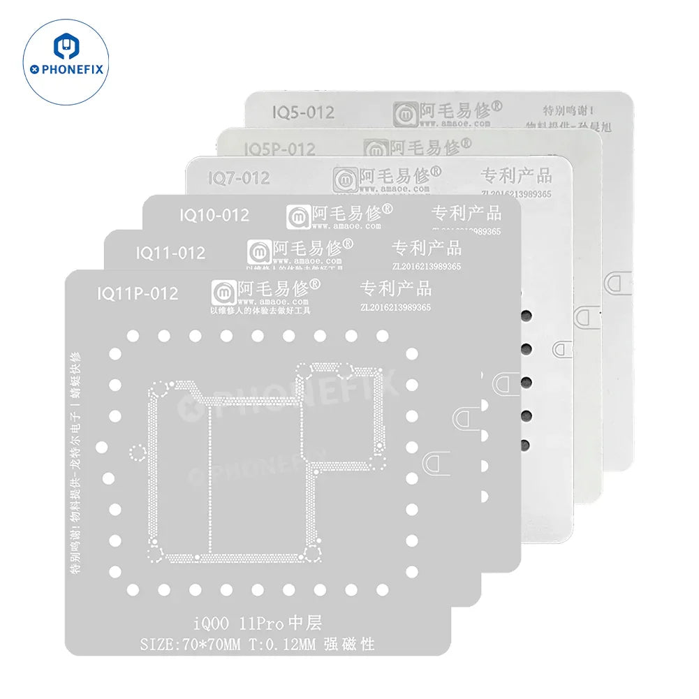 Amaoe BGA reballing stencil for Huawei, Xiaomi, and Android phones, used for reballing and repairing circuit boards.