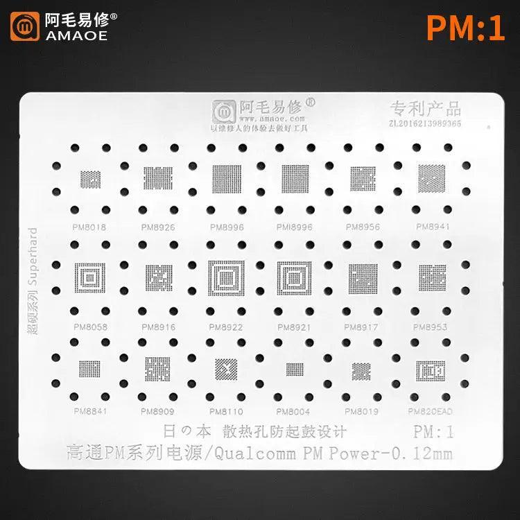 Amaoe PM1 PM2 PM3 BGA stencil for Qualcomm Power IC, PhoneFix BGA reballing stencil for electronics repair.