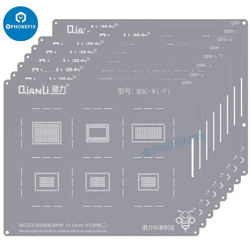 Qianli MAC BGA reballing stencil for MacBook chip soldering repair, showing precision metal template for reballing process.
