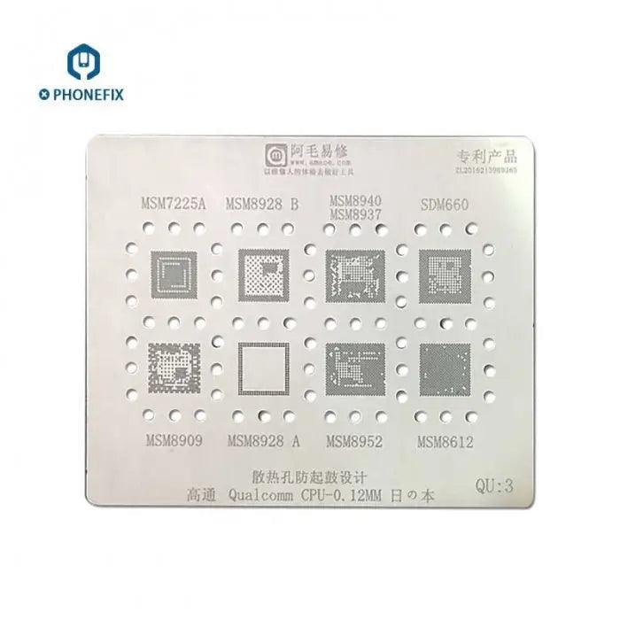 Qualcomm MSM Series CPU BGA reballing stencil template by PHONEFIX, used for precise rework and repair of Qualcomm MSM chips.