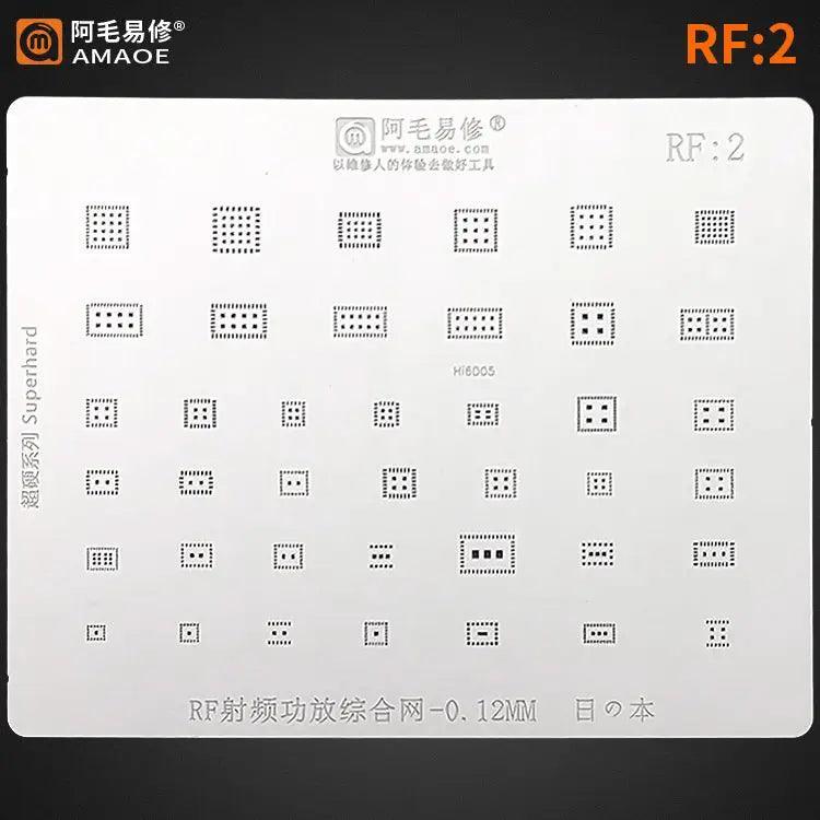 RF1 RF2 AMAOE BGA Reballing Stencil for Phone Amplifier RF IC, branded PhoneFix, with precise stencil pattern for BGA chip repair.
