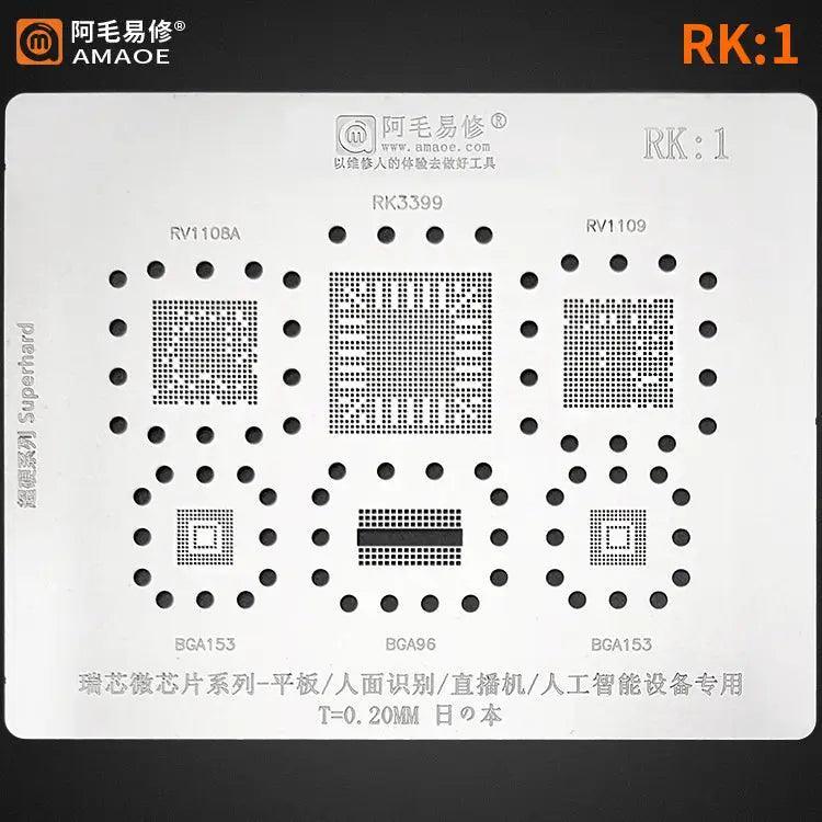 AMAOE RK1/2/3/4 Rockchip BGA Reballing Stencil for phone repair, featuring precise BGA chip openings by PHONEFIX.