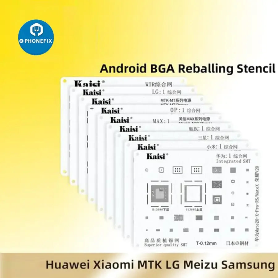 PhoneFix BGA Reballing Stencil Kit for Samsung, Huawei, Xiaomi, Oppo, Meizu, LG smartphone repair, includes multiple stencils.