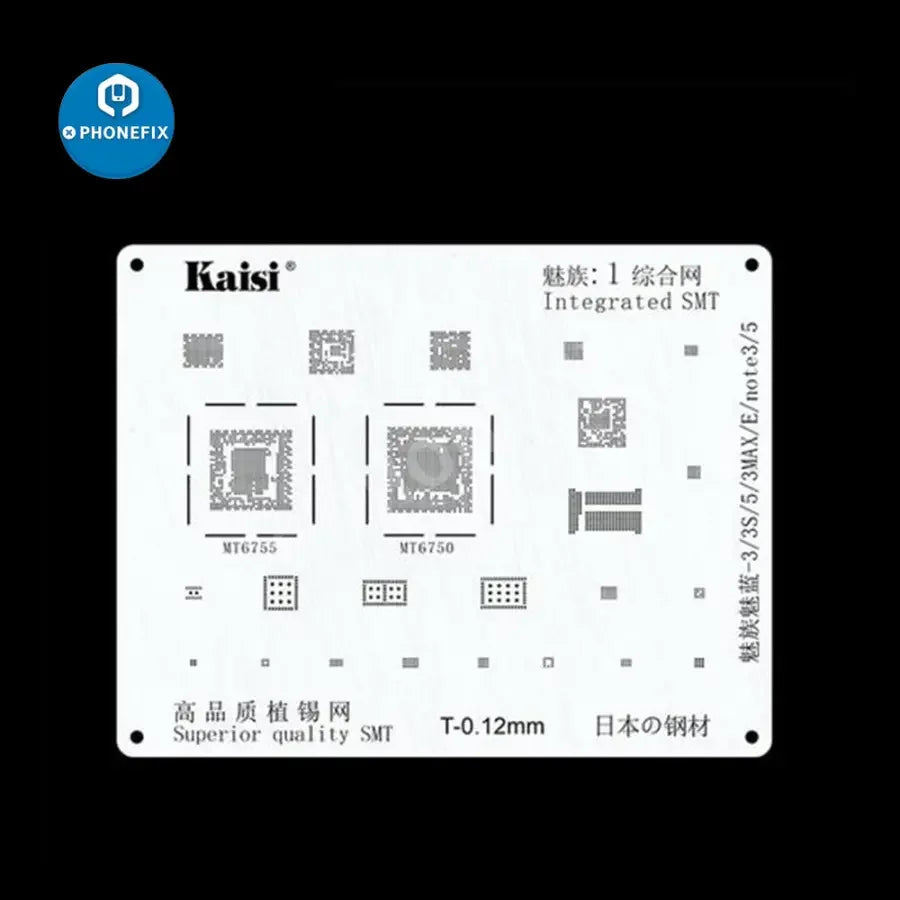 PhoneFix BGA Reballing Stencil Kit for Samsung, Huawei, Xiaomi, Oppo, Meizu, and LG smartphones, includes multiple stencil sizes.