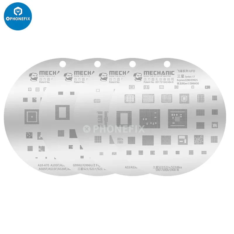 Mechanic rounded hole composite BGA reballing stencil set for Samsung phones by PHONEFIX, showing stencil sheets for precise rework.