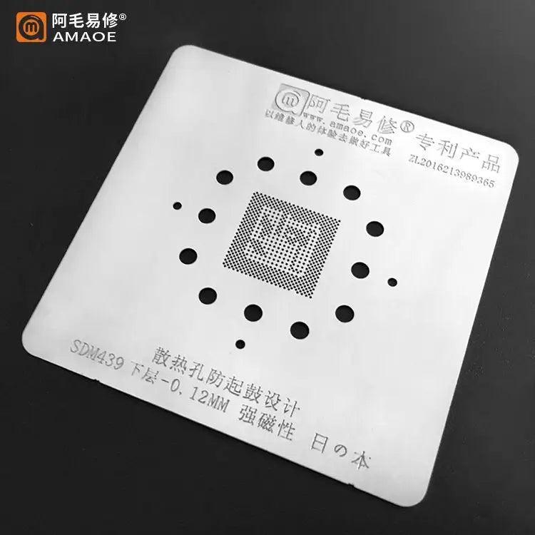 Amaoe BGA Reballing Stencil for SDM439 and SM8250 CPU bottom, used for phone repair and reballing processes.